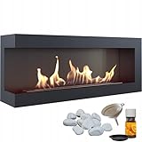 KRATKI Delta 1200 Bio Ethanol Eckkamin links + Trichter + Kieselsteine + Aromatherapie-Set | Wand- oder Nischeneinbau l Verglasung, Biocontainer 1,4 l, TÜV | Stahl, 48 x 120 cm, Schwarz