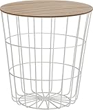 Meinposten Beistelltisch Nachttisch Tisch Korb mit Stauraum Ø 39 cm H=41 cm couchtisch rund drahtkorb Metall Holz weiß mit Deckel