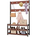 IMYOGI Exquisiter Kleiderstangenständer aus Metall, freistehender Flurbaum aus Holz mit Hakenbank und 2-stufigen Schuhregalen, für Schlafzimmer, Wohnzimmer, Flur/Walnuss/60 * 30 * 170 cm