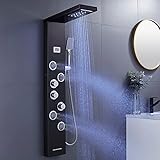 KEOKBON Duschpaneel Regendusche Edelstahl Schwarz mit LED-Lichter,5 Funktionen Duschsystem mit Handbrause, Massagedusche und Wasserfall Dusche