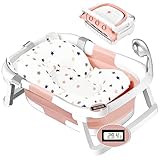 Baby Badewanne Faltbare Babybadewanne Kinder, Badewanneneinsatz Baby, Ergonomisch und kompakt Zusammenklappbare Badewanne für das Baden von Kleinkindern mit Fieberthermometer-Rosa