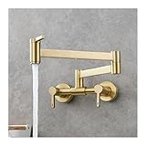 Topffüller-Wasserhahn, klappbarer Küchenarmatur mit Doppelgelenk-Schwenkarm, Messing-Doppelgriff, 2 Löcher, Heiß- und Kaltwasser-Mischbatterien, Wandmontage, Chrom (gebürstetes Gold)