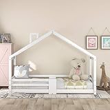 Dolamaní Kinderbett Hausbett 90 x 200 cm, Holzbett für Kids, inkl.Tafel| Lattenrosten| Rausfallschutz, aus Kiefernholz, für Kinder (weiß)