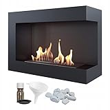 KRATKI Delta 700 Bio-Ethanol-Kamin + Kieselsteine + Trichter + Aromatherapie-Set | Wand- oder Nischeneinbau l Verglasung, Biocontainer 0,75 l, TÜV | Stahl, 48 x 70 cm, Schwarz