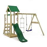 WICKEY Spielturm Klettergerüst TinyPlace mit Schaukel & grüner Rutsche, Outdoor Kinder Kletterturm mit Sandkasten, Leiter & Spiel-Zubehör für den Garten