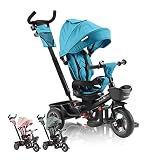 FableKids 5in1 Dreirad Noemi mit Schubstange ab 18 Monate bis 25kg, Vorwärts und Rückwärtsfahrt, PU-Reifen, Freilauf geräumiger, Korb, Tasche, Getränkehalter - Türkis