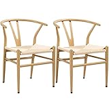 Yaheetech 2er Mittelalterlicher Stil Esszimmerstühle, Y-Stuhl Massivholz, Querlenkerstuhl Rattan Stuhl, bis 150KG belastbar, holzfarbe