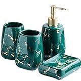 Badezimmer-Zubehör-Sets Marmor Muster Keramik Bad Zubehör Set Luxus Badezimmer Set Lotionspender, Zahnbürstenbecher, Seifenschale, Chassis (Dunkelgrün 4-teiliges Set)