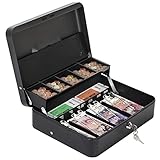 HAITRAL Geldkassette aus Metall mit Schlüsselschloss, Banknoten und Münzsafe, tragbare große Doppelschicht 100% sichere Geldkassette mit 2 Schlüsseln - 30 x 24 x 9 cm, Schwarz