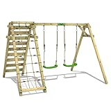 FATMOOSE Kinderschaukel Schaukelgestell JollyJungle apfelgrün - Schaukel & Kletternetz, Schaukelgerüst, Doppelschaukel, Holzschaukel mit Kletteranbau für Kinder im Garten