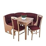 Heinz Hofmann Eckbankgruppe 4-teilig, mit Truhen, Tisch ausziehbar, Buche teilmassiv, Bezugsfarbe Bordeauxrot