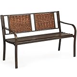 GOPLUS Metall Gartenbank wetterfest, 2-3 Sitzer Sitzbank mit Polyrattan Rückenlehne & Armlehnen, Parkbank bis 228 kg belastbar, Gartenmöbel für Garten Balkon Terrasse Hof, 128 x 58 x 84 cm (Modell 2)