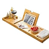 LTLCLZ Badewannenablage Bambus, Badewannentablett Mit Buchstütze Und Glashalter Badewannentisch Wannenbrücke, 82 X 22 X 4 cm