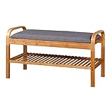 Bambus-Schuhaufbewahrungsbank-Organizer-Rack, natürlicher 2-stöckiger Ottoman-Bankhocker mit Klappdeckel, gepolstertem Kissen und Regalen für Wohnzimmer, Eingangsbereich, Schlafzimmer, Toilette