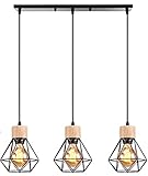 TOKIUS Pendelleuchte Vintage Industrial 16CM Hängelampe mit Geometrischem Design E27 Lampe aus Holz Eisen Käfig Lampenschirm Schwarz Hängeleuchte für Esstisch Küche (Pendellampe 3-flammig, Balken)