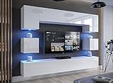 Furnitech NOWARA AN1 Wohnzimmer Möbel Wohnwand Mediawand Wandschrank mit Led Beleuchtung Schrankwand (LED weiß, AN1-17W-HG21 1A)