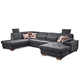 CAVADORE Wohnlandschaft Puccino mit Federkern, Schlaffunktion, verstellbarer Rückenlehne und 2 Kopfstützen / Sofalandschaft in U-Form im Landhaus-Design / 340 x 86 x 224 cm / Mikrofaser grau