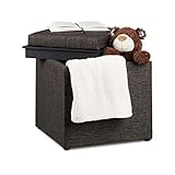 Relaxdays Sitzhocker mit Stauraum, HxBxT: 42 x 40,5 x 40,5 cm, Aufbewahrungsbox, Leinen Optik, Stoff, braun