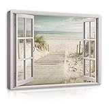 Bilder Fensterblick Meer Strand - Modern Canvas Leinwandbild XXL Illusion Fenster Schlafzimmer Wohnzimmer Wandbild Kunstdruck Wandbilder Wand Bild auf Leinwand Aufhängefertig (14048, 100x75 cm)