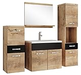 Badplaats B.V. Badezimmer Badmöbel Set Alba 60cm Waschbecken Kastanien Eiche mit Schwarz - Unterschrank Hochschrank Waschtisch Möbel