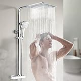 Heilmetz Duschsystem mit Thermostat (30x30cm Kopfbrause) Regendusche mit Thermostat Duschset Dusche mit Handbrause, Edelstahl Eckig Regendusche und Verstellbarer Duschstange Chrom