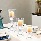ERWEY Kerzenständer 3er Set Kristall Kerzenhalter Stumpenkerzen Glas Kerzen Ständer Modern Kerzenhalter Stabkerze Teelichthalter für Hochzeit Wohnzimmer Tischdeko Party Deko (3 Stück, Silber)