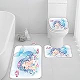 Badematte Set 3 Teilig 40x60 Meerjungfrau Karikatur Badematten 3D rutschfest Waschbar Badvorleger WC Vorleger Deckelbezug U-Förmige Badteppich Badezimmer Prinzessin Süß Badezimmerdekoratio