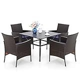 MFSTUDIO Rattan Gartenmöbel Set 4 Stühle mit Tisch, Balkonmöbel, Quadratische Stahl Lamellen Tisch mit 4cm Schirmloch und 4 Polyrattan Sessel für Terrasse, Garten, Balkon, Bistro