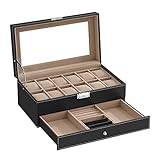 SONGMICS Uhrenbox mit 2 Ebenen, Uhrenkasten, 12 Fächer und 1 Schublade, Glasdeckel, Uhrenkoffer, für Ringe, Armbänder, Samtfutter in Beige, Pu-Bezug in Schwarz JWB012