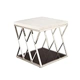 HAIYU- Marmor-Beistelltisch, Moderner Quadratischer Beistelltisch Edelstahl-Nachttisch, Geometrisches Design, Boden aus Gehärtetem Glas, Doppelschicht-Snack-Tisch Telefontisch