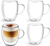 Set von 4 Isolierten Doppelwandigen Gläsern mit Griffen, 350ml Haltbare Doppelwandige Glas-Kaffeebecher, für Heiße/Kalte Getränke, Spülmaschinenfest, Perfekt für Cappuccino, Espresso, Heißgetränke