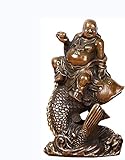 Feng Shui Dekor Messing lachender Buddha Dekoration Ornament Maitreya Gott des Reichtums mit reitender Arowana-Figur