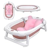 YRHome Faltbare Baby Badewanne Babybadewanne Faltbadewanne Ergonomische Bathtub Kinderwanne 82 x 50 x 20 cm Bath Tub Anti Rutsch mit Abfluss Badewannenkissen für Neugeborene (Rosa mit Kissen)