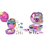 Polly Pocket Mini-Spielzeug, Süße Träume Cupcake Schatulle Spielset mit 2 kleinen Puppen und 13 Zubehörteilen & GTN14 - Pony Springspaß-Schatulle, Reitturnier-Design