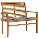 Youuihom Gartenbänke aus Holz, Parkbänke, Balkonbänke, Gartenbank Graue Karomuster-Auflage 112 cm Massivholz Teak Geeignet für Gärten, Balkone und Terrassen, Sonnenzimmer