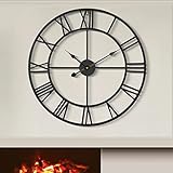 80 cm große Wanduhr, übergroß, modernes, rundes, schwarzes Metall, geräuschlos, Fast Nicht tickend, batteriebetrieben, römische Ziffern, Uhren für Wohnzimmer, Schlafzimmer, Küchendekoration – 80 cm