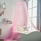 Rosa Betthimmel mit vorgeklebten leuchtenden Einhörner - Prinzessinen Moskitonetz für Mädchen Zimmerdekoration - Himmelbett Vorhänge für Kinder und Baby Bett
