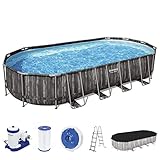 Bestway Power Steel Frame Pool Komplett-Set mit Filterpumpe 732 x 366 x 122 cm , Holz-Optik (Mooreiche), oval
