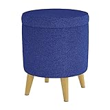 Fußhocker, Fußhocker für Wohnzimmer, Ottomane, Aufbewahrungsbox, gepolsterter Fußhocker, Leinen, runder Schminktischhocker mit 4 Holzbeinen, Blau, 37 x 37 x 45 cm
