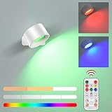 LED Wandleuchte Innen RGB Wandlampe Dimmbar mit Fernbedienung, 360° drehbare 3 Helligkeitsstufen Touch Control 19 Farbmodi, Batteriebetrieben kabellos mit USB-Ladeanschluss für Wohnzimmer Schlafzimmer