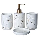 4-teiliges Badezimmer Zubehör Set aus Keramik, Edles Bad Accessoires Set Stilvolles Badzubehör Set mit Marmor Seifenspender, Seifenschale und Zahnputzbecher