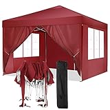 TOOLUCK Faltpavillon 3x3 Wasserdicht Stabil Pavillon Wasserdicht Stabil Popup Pavillon Anti-UV Gartenpavillon mit 4 Seitenteilen, Rot