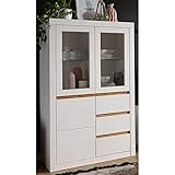 Lomadox Highboard Schrank Vitrine Standvitrine Vitrinenschrank Massivholz Kiefer massiv Weiss weiß 94,5x150x42 cm