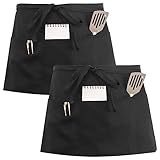 Yoosso 2 Stück Kochschürze, Verstellbar Kellnerschürze mit 3 Taschen Küchenschürze Damen Vorbinder Schürze Schwarz Wasserdicht Ölbeständig für Restaurant Bar Café (30 x 60cm)