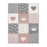 TT Home Kinderteppich Teppich Kinderzimmer Mädchen Kinder 3D Prinzessin Sterne Krone, Farbe: Grau Rosa Creme, Größe:133 cm Quadrat