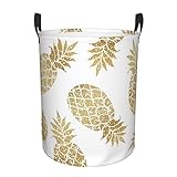 Rundes Wäschekorb, goldener Ananas-Hintergrund mit Griffen, zusammenklappbare Wäschekörbe/runder Wäschekorb/Aufbewahrungskorb für Büro, Schlafzimmer, Wäsche, 50 cm