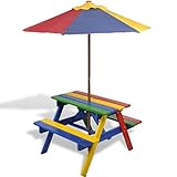 JUNZAI Kinder-Picknicktisch mit Bänken Sonnenschirm, Kindertisch, Spielhaus Kinder Outdoor, Outdoor Spielzeug, Kinder Tisch Stuhl Set, Kindersitzgruppe, Mehrfarbig Holz