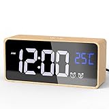 Digitaler Holz Wecker mit Großem LED-Display, Wecker Digital mit Temperaturanzeige, Dual-Alarm, Snooze, 12/24H, 4 Helligkeitsstufen, 13 Musikoptionen, Exklusiver USB-C-Stromversorgung, Hellbraun