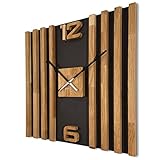 FLEXISTYLE Wanduhr groß aus Holz Lamellen SQ 60cm Holzoptik schwarz 3D Eiche modern ohne Ticken Wohnzimmer … (Schwarz/Eiche)