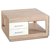 Stella Trading FESTIVAL Couchtisch mit zwei Schubladen in Eiche Sonoma Optik, Weiß - geräumiger Sofatisch mit Ablage für Ihren Wohnbereich - 80 x 46 x 80 cm (B/H/T)